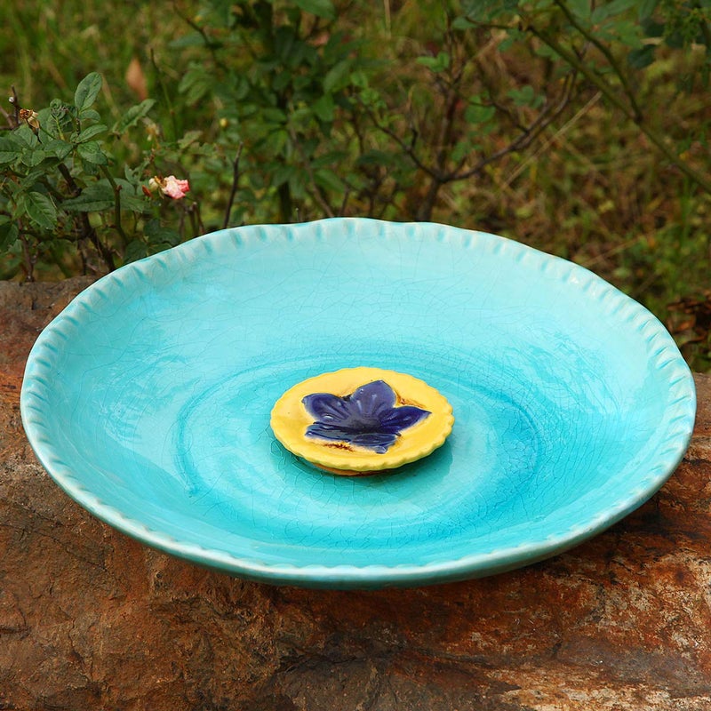 Topadorn Birdbath Ceramic Bowl Decor for Bee Bird Bath Outdoor Garden Vintage Yard ,Blue with Yellow Flower - Image 2